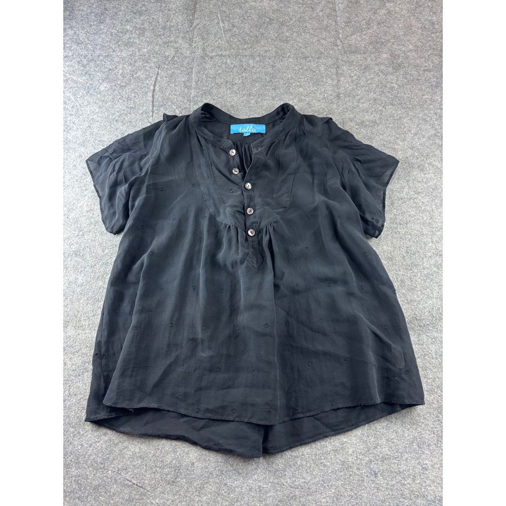 Talla Black Swiss Dot Short Sleeve Button Henley Sheer Blouse Preppy Sexy 00s S